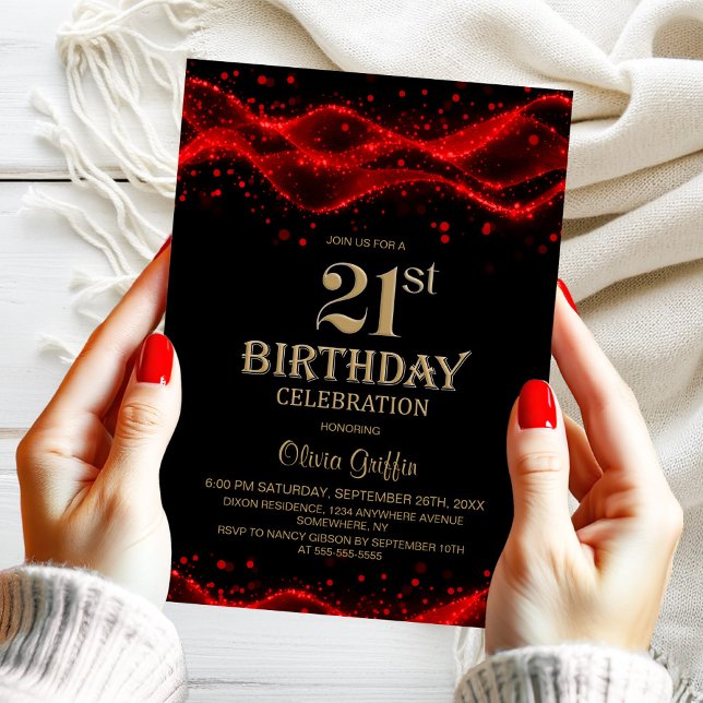 Modern Black and Red 21st Birthday Party Invitation (Creator Uploaded)