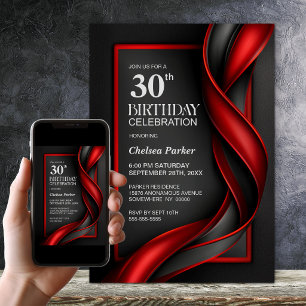 Modern Black and Red 30th Birthday Party Invitation