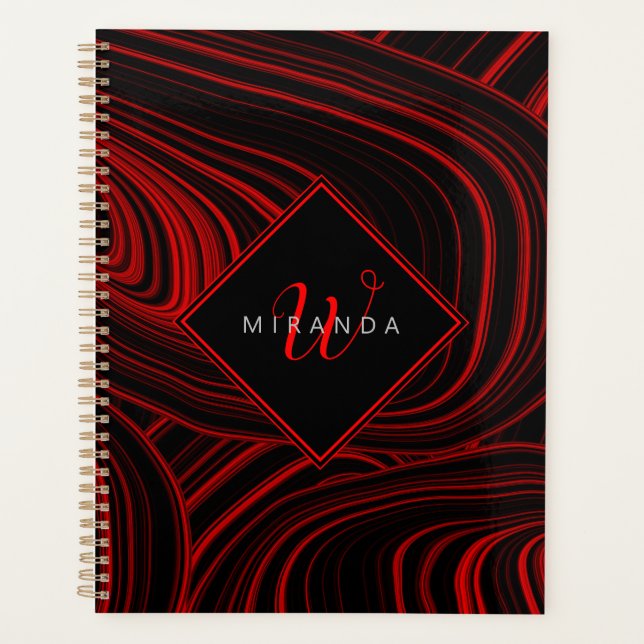 Modern Black and Red Abstract Monogrammed Planner (Front)