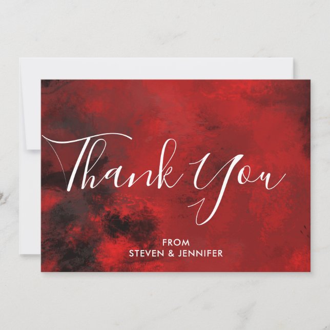 Modern Black and Red Artistic Abstract Wedding Thank You Card (Front)