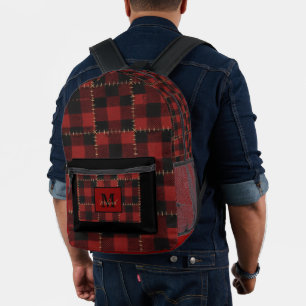 Modern Black and Red Buffalo Plaid Monogram Name Printed Backpack
