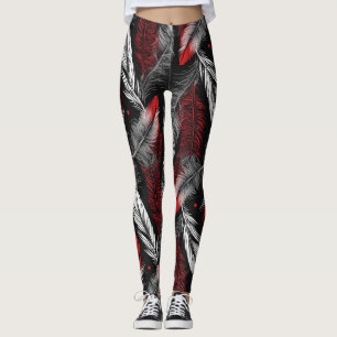 Modern Black and Red Feather Design Leggings
