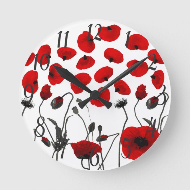 Modern Black and Red Flowers and Petals Round Clock (Front)