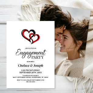 Modern Black and Red Hearts Engagement Party Invitation