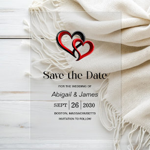 Modern Black and Red Hearts Wedding Save the Date Acrylic Invitations