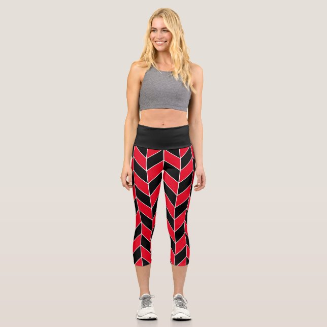 Modern Black and Red Herringbone Chevron Pattern Capri Leggings (Front)