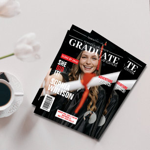 Modern black and red magazine photo graduation invitation