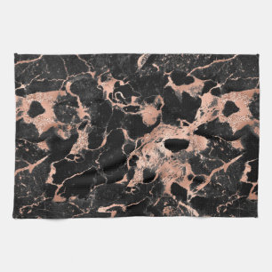 Modern Black and Rose Gold Marble Pattern Tea Towel