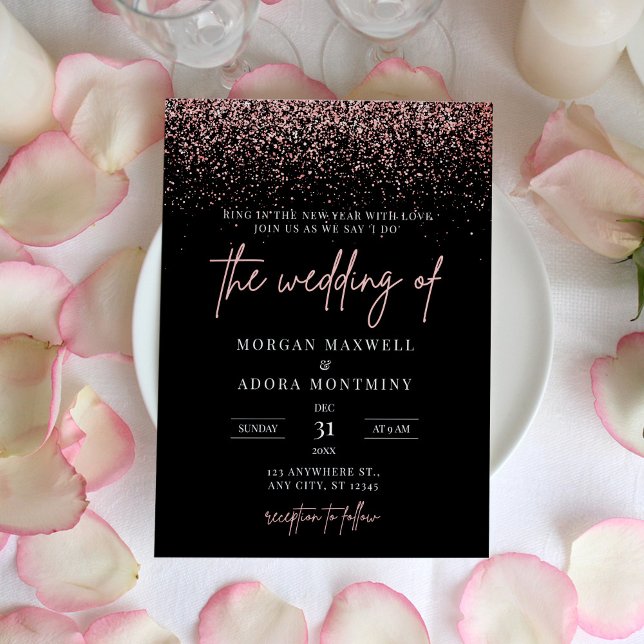 Modern Black and Rose Gold New Year's Eve Wedding Invitation (Creator Uploaded)