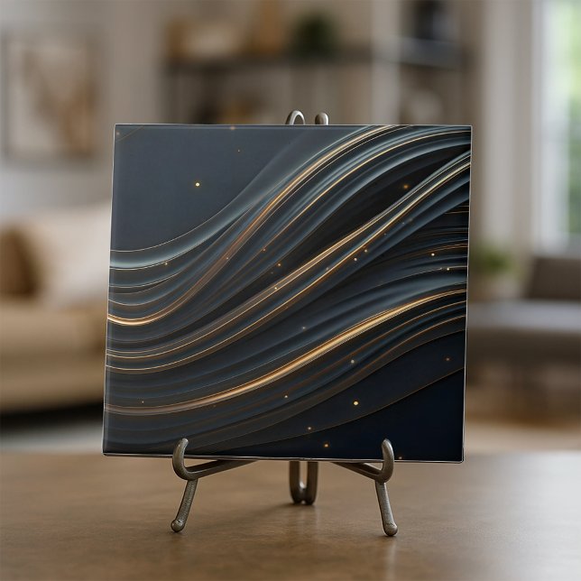 Modern Black and Shimmering Golden Abstract Flow Ceramic Tile (Creator Uploaded)
