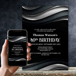 Modern Black and Silver 40th Birthday Party Invitation