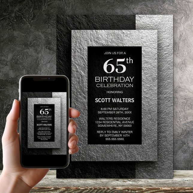 Modern Black and Silver 65th Birthday Party Invitation (Creator Uploaded)