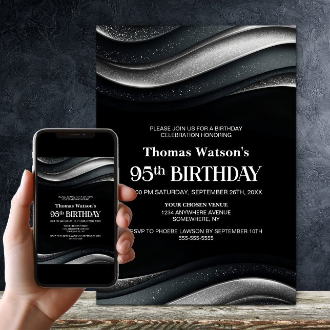 Modern Black and Silver 95th Birthday Party Invitation (Creator Uploaded)