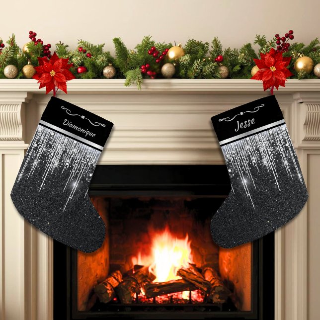 Modern Black and Silver Elegant Script Name Small Christmas Stocking (Modern black personalized Christmas stockings with silver icicles that are two-sided)