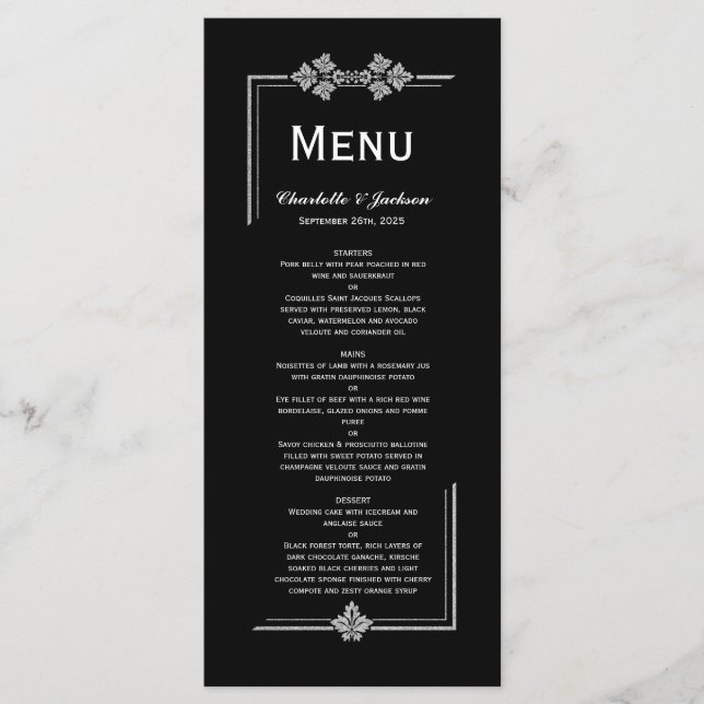Modern Black and Silver Glitter Wedding Menu (Front)