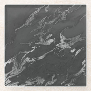 Modern Black and Silver Marble Pattern Glass Coaster