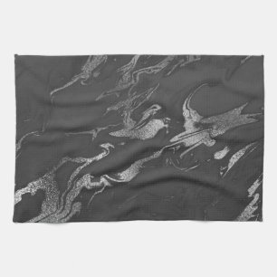 Modern Black and Silver Marble Pattern Tea Towel
