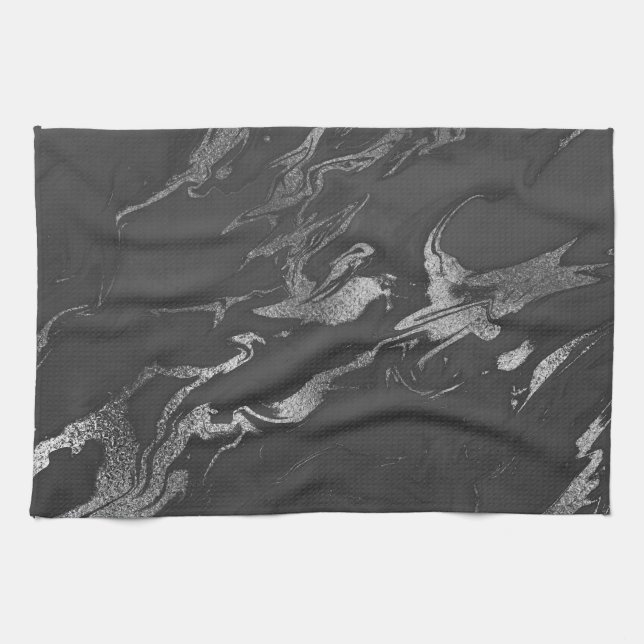 Modern Black and Silver Marble Pattern Tea Towel (Horizontal)