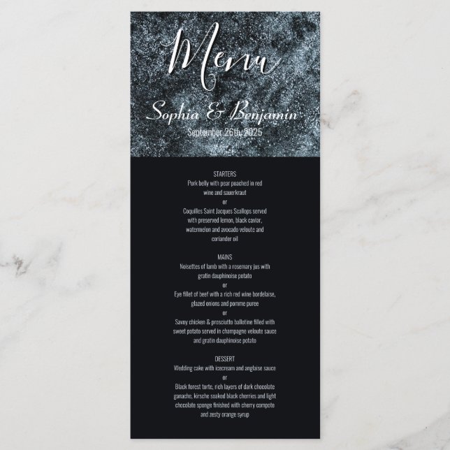 Modern Black and Silver Wedding Menu (Front)