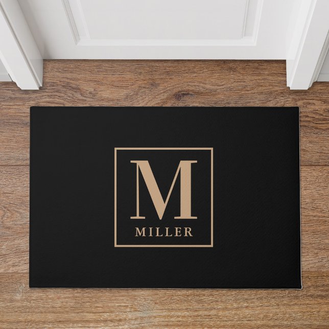 Modern Black and Tan Family Name Monogram Doormat (Creator Uploaded)
