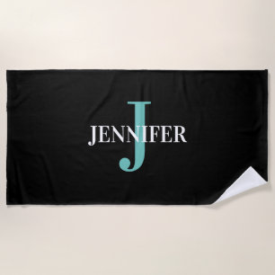 Modern Black And Teal Monogram Personalised Beach Towel