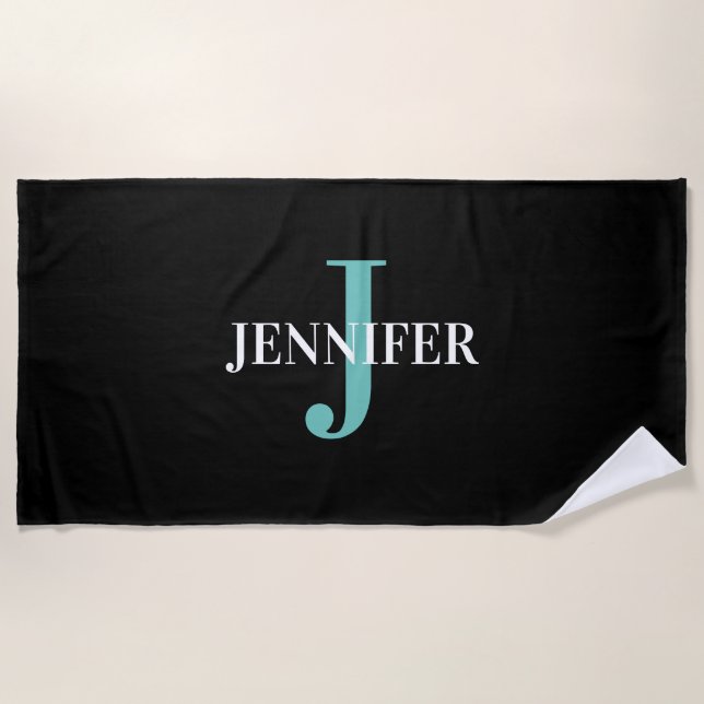 Modern Black And Teal Monogram Personalised  Beach Towel (Front)