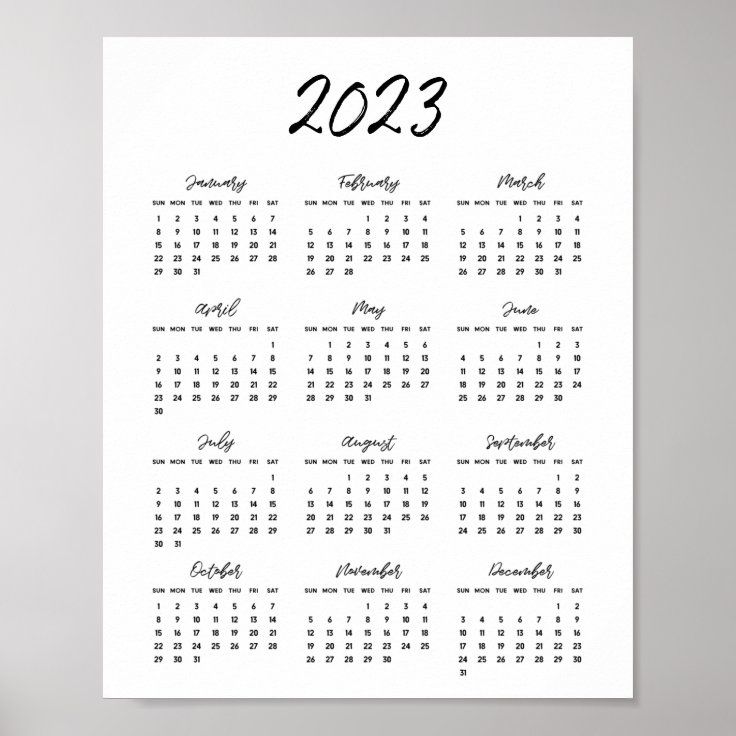 Modern black and white 2023 calendar poster | Zazzle