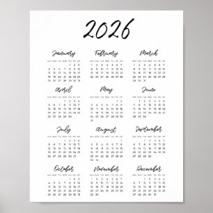 Modern black and white 2026 calendar poster