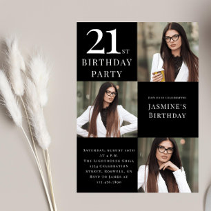 Modern black and white 3 photo 21st birthday  invitation