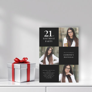 Modern black and white 3 photo 21st birthday  invitation
