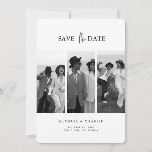Modern Black and White 3 Photo Wedding Rounded Save The Date