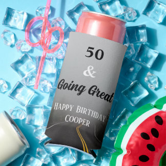 Modern black and white 50th birthday simple seltzer can cooler