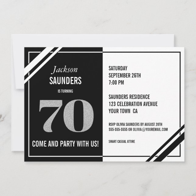 Modern Black and White 70th Birthday Party Invitation (Front)