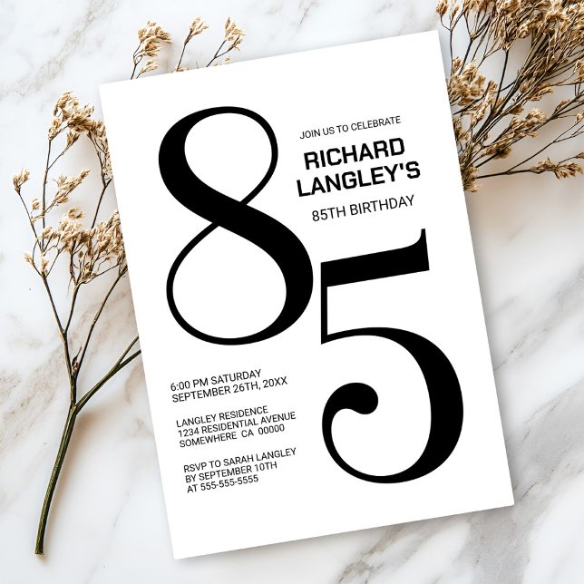 Modern Black and White 85th Birthday Party Invitation (Creator Uploaded)