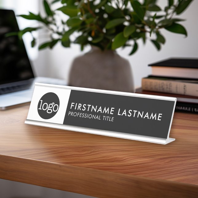 Modern Black and White - Add Logo, Name, Title Desk Name Plate (Custom Name Plate - Executive Desk Sign with Name and title or other text)