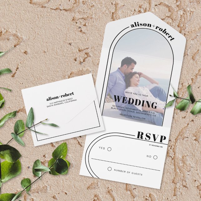Modern black and white arch and photo wedding all in one invitation (Creator Uploaded)