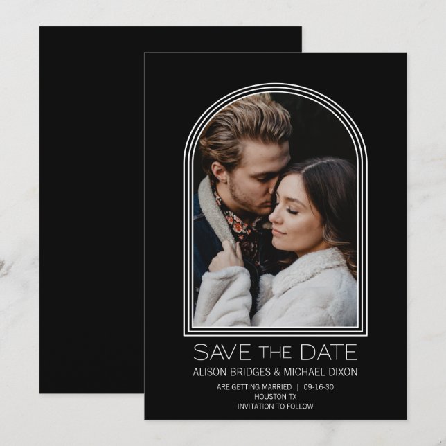 Modern Black and White Arch Photo Save the Date (Front/Back)