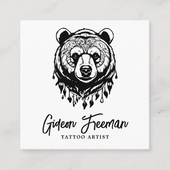 Modern Black and White Bear Tattoo Artist Square Business Card (Front)