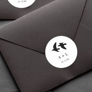 Modern Black and White Birds Wedding Monogram Classic Round Sticker