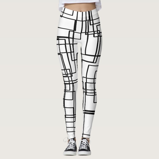 Modern black and white blocks, squares pattern leggings (Front)