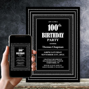Modern Black and White Border 100th Birthday Party Invitation