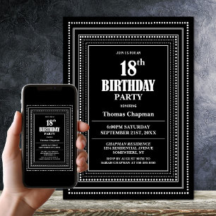 Modern Black and White Border 18th Birthday Party Invitation