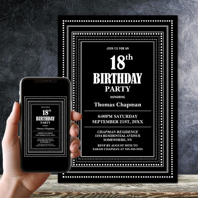 Modern Black and White Border 18th Birthday Party Invitation (Creator Uploaded)