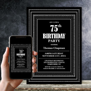 Modern Black and White Border 75th Birthday Party Invitation