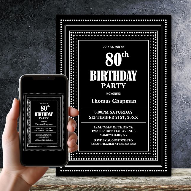 Modern Black and White Border 80th Birthday Party Invitation (Creator Uploaded)
