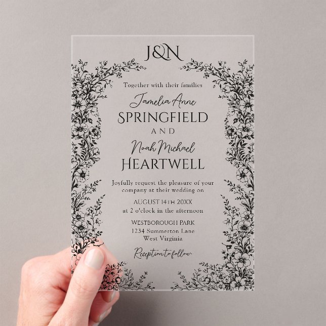 Modern Black and White Botanical Wedding Acrylic Invitations (Insitu (Handheld))