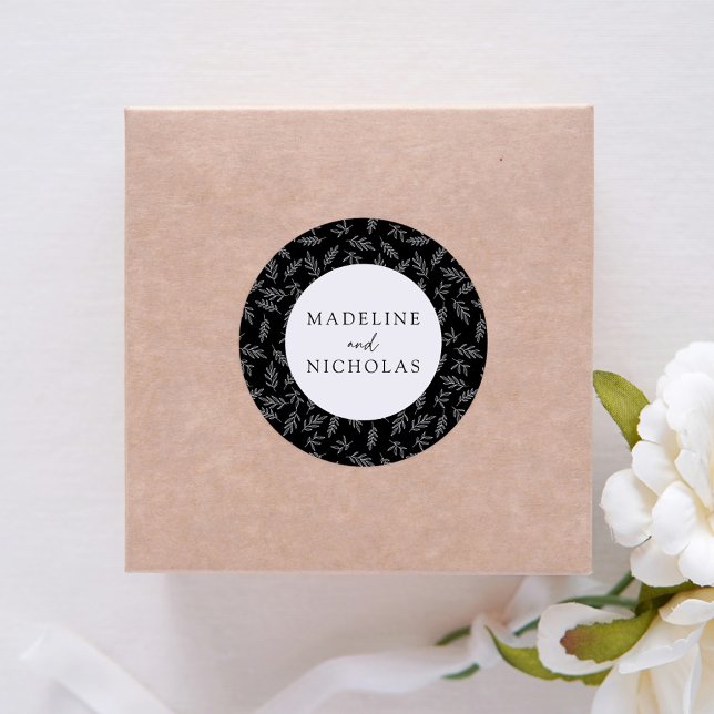 Modern Black and White Botanical Wedding Classic Round Sticker (Creator Uploaded)