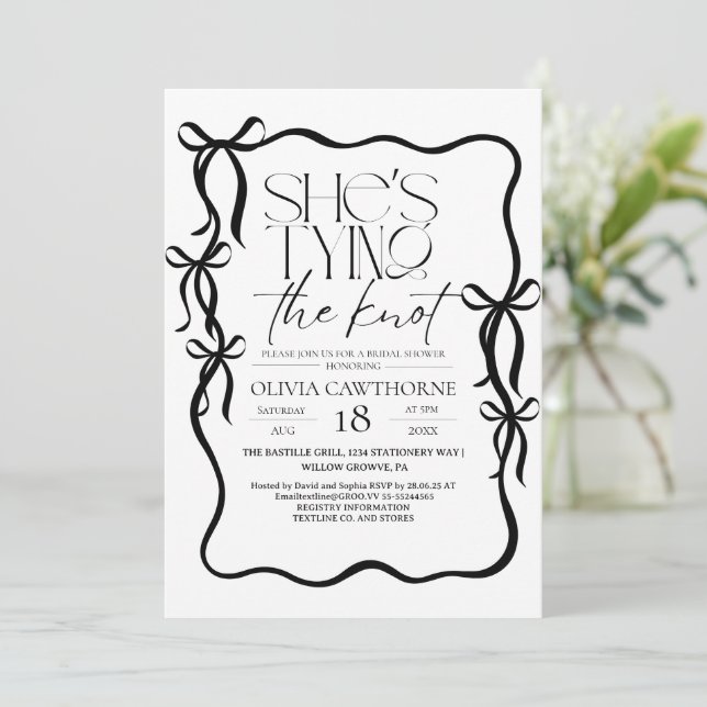 Modern Black  and White Bow Bridal Shower Invitation (Standing Front)