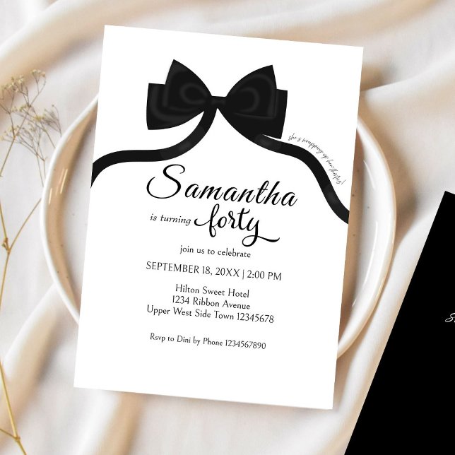 Modern black and white bow coquette 40th birthday invitation (Creator Uploaded)
