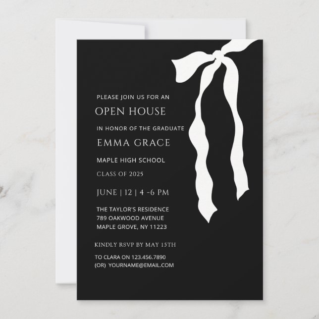Modern Black and White Bow Open house Graduation  Invitation (Front)